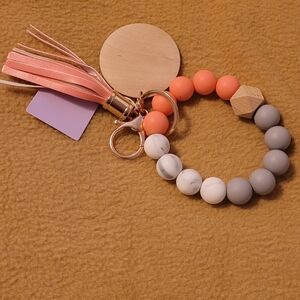 Coral and Gray Beaded Keychain Bracelet